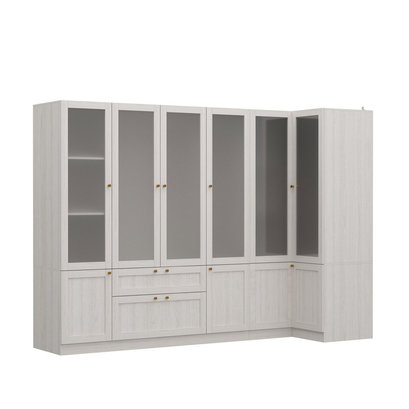 Elegant L Shaped Corner Wardrobe With Frosted Glass Doors Metal Handles And Spacious Storage Multi Compartment Design For Clothes And Accessories